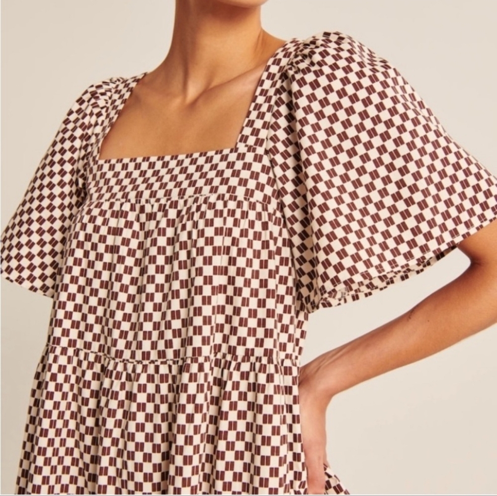 EUC Abercrombie & Fitch Angel Sleeve Trapeze Mini Dress Brown Checkered Size S - Picture 5 of 12